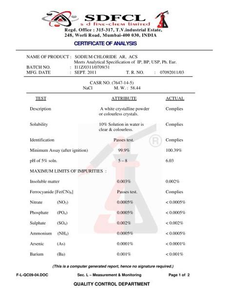 Certificate Of Analysis Sd Fine Chem