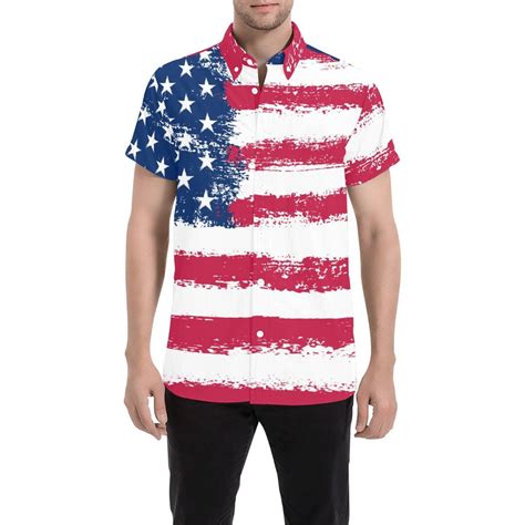 American Flag Button Down Shirt Men Patriotic 4th Of July Red Blue