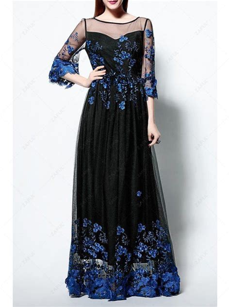 Voile Spliced Bell Sleeve Floral Embroidery Maxi Dress Purplish Blue