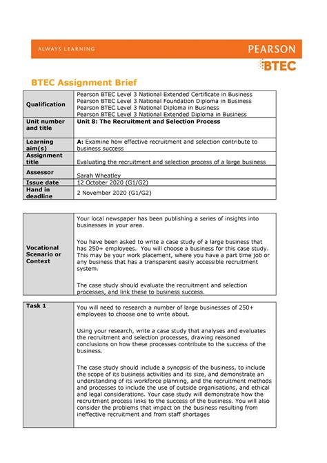 Btec L3 Business Unit 8 Assignment 1 A 2020 21 Btec Assignment Brief