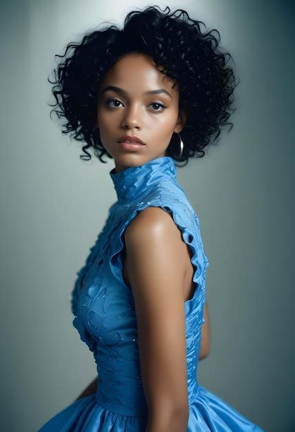 Premium Photo A Woman With Curly Hair Wearing A Blue Dress