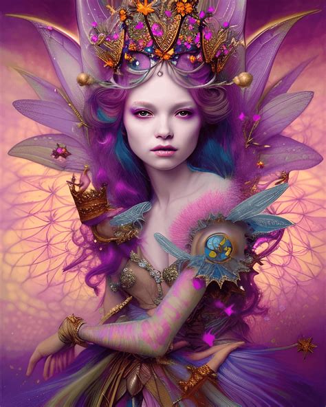 Fantasy Fairy Queen Portrait With Crown And Fractal Crystals · Creative