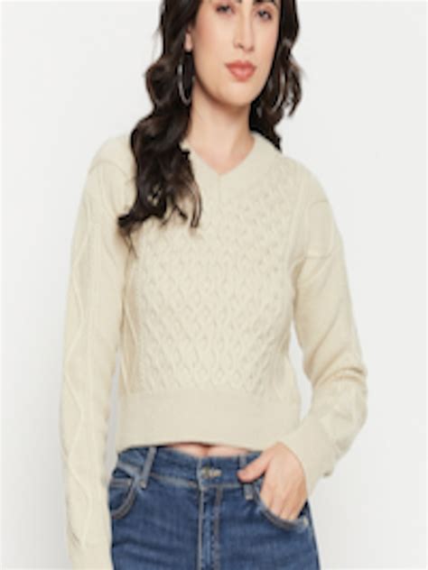 Buy Madame Self Design Cable Knit V Neck Long Sleeve Crop Acrylic