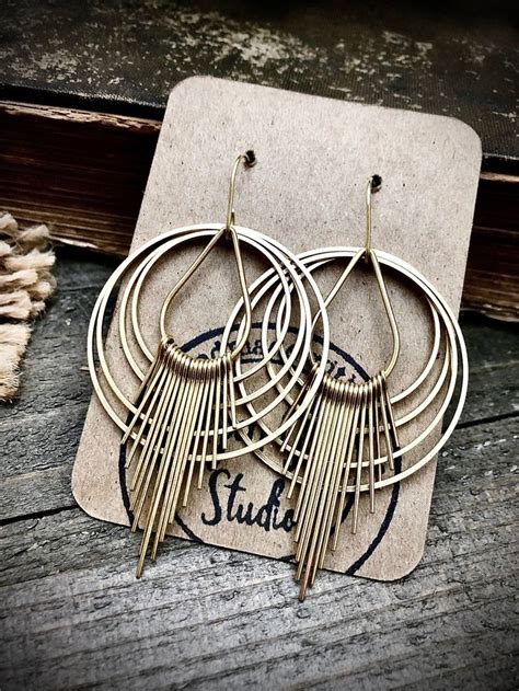 Gold Brass Fringe Hoop Earrings Statement Earrings Gold Statement