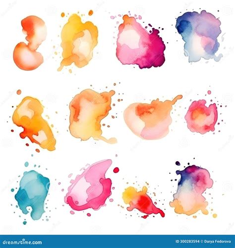 Set Of Watercolor Paint Stains Blobs And Splashes On White Stock