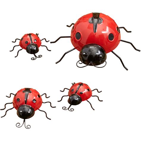 Metal Ladybug Garden Decorations With Red And Black Spots Set Of 4