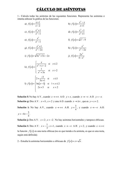 Ejercicios Asíntotas asdf CÁLCULO DE ASÍNTOTAS 1 Calcula todas