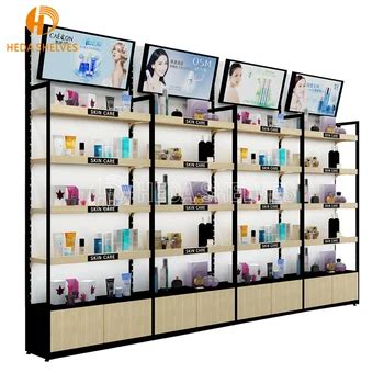 Custom Wooden Wall Cosmetic Shelves Display Cabinet And Makeup Display