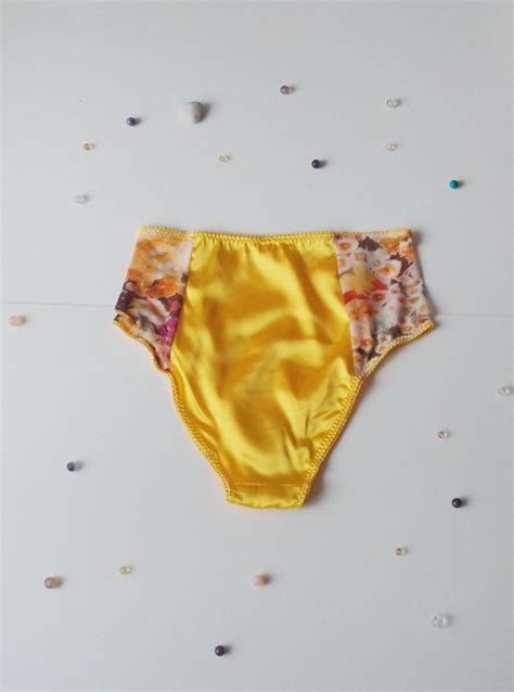 Bright Satin Lingerie Yellow Satin Knickers With Sheer Floral Etsy