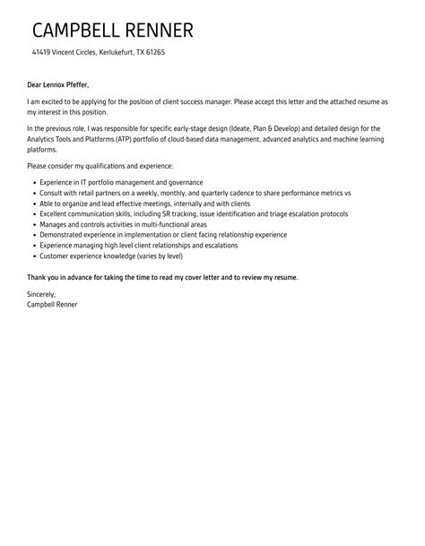 Client Success Manager Cover Letter Velvet Jobs