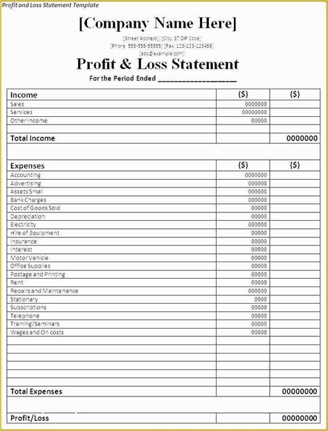 Restaurant Profit And Loss Statement Template