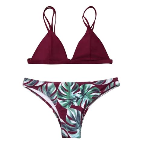 Bikini Para Mujer Conjunto Con Estampado De Plantas Sexy Con Cordones Halter Correa Dividir