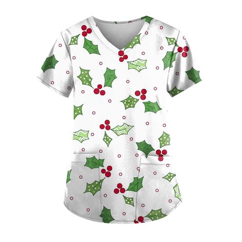 Bdporkas Festive Christmas Scrub Tops Women V Neck With Christmas Tree