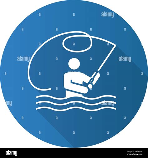 Pesca Con Mosca Diseño Plano Larga Sombra Glifo Icono Pescador Hombre