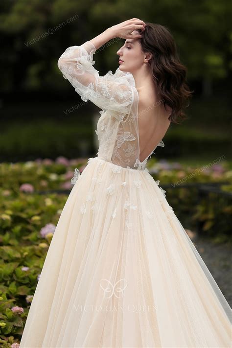 3D Butterfly Nude Tulle Long Sleeve Garden Wedding Dress VQ