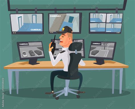 Security Guard Character Watching Cameras Vector Flat Cartoon