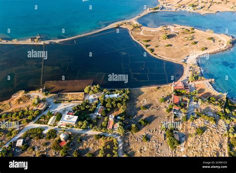 Aerial view of the walls of the sunken ancient Minoan city of Olous in Elounda, Crete, Greece ...