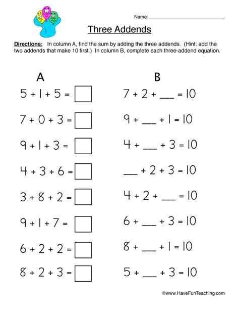 Three Addends Worksheet 1