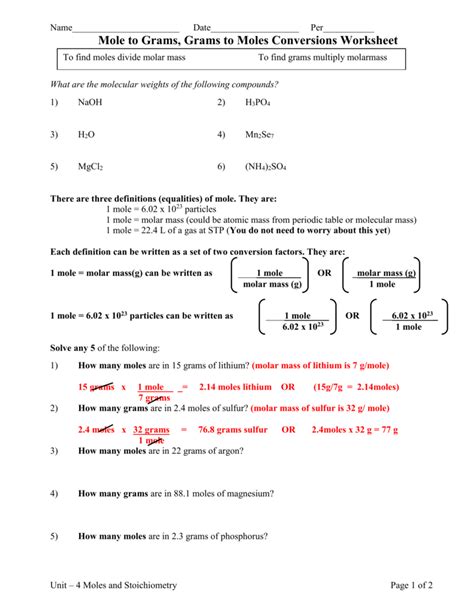 Mole Worksheets 1 Answer Key