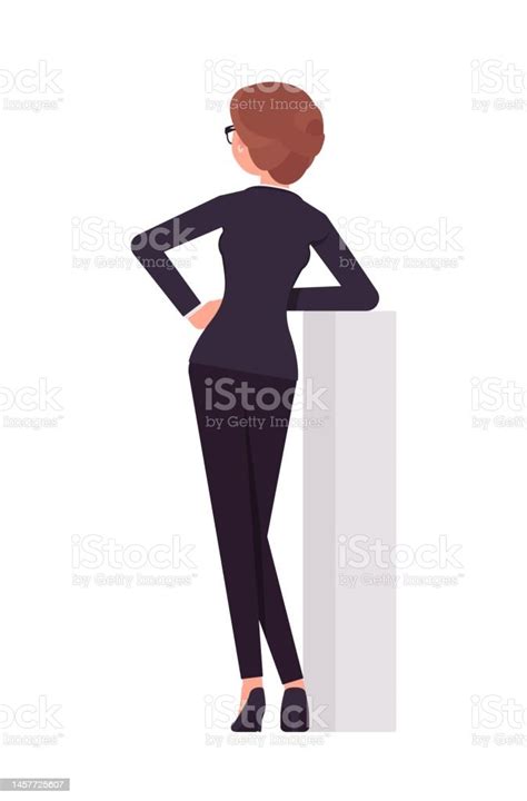 Elegant Female Business Assistant Classic Pant Suit Woman Standing Rear Stock Illustration