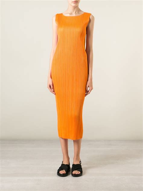 Pleats Please Issey Miyake Sleeveless Pleated Dress In Orange Lyst