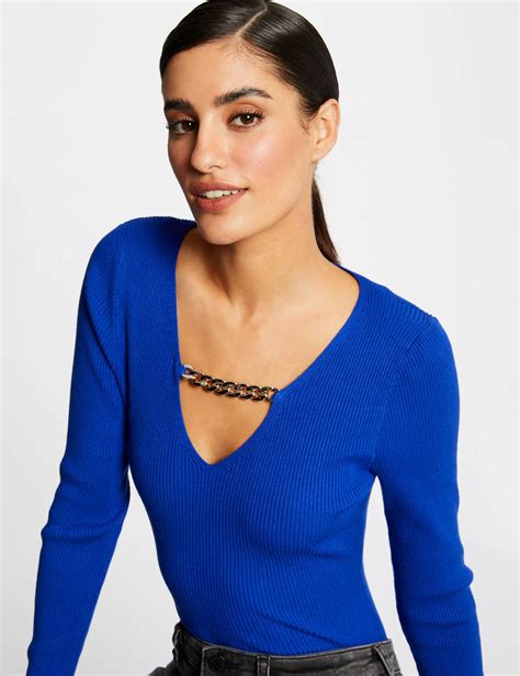 Pull Manches Longues D Tail Cha Ne Bleu Electrique Femme Morgan