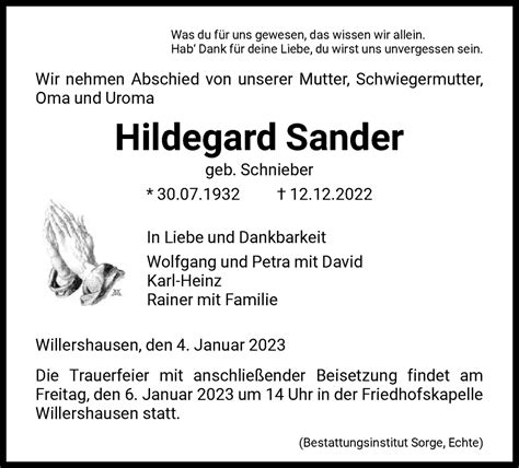 Traueranzeigen Von Hildegard Sander Trauer HNA De