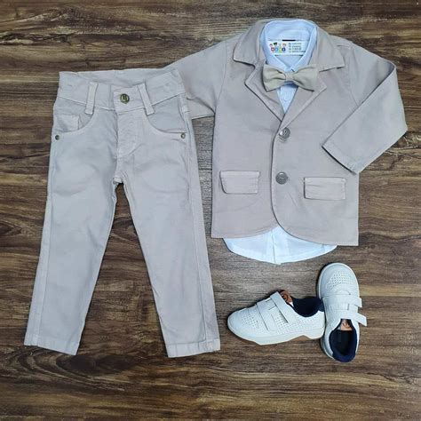 Blazer Nude Camisa Branca e Calça Infantil Roupa Completa Batizado Pajem Menino