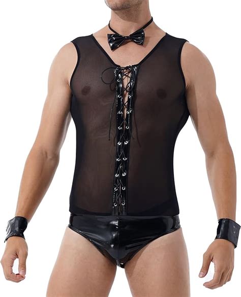 Iiniim Men S Sexy See Through Underwear Front Lace Up Leotard Bodysuit