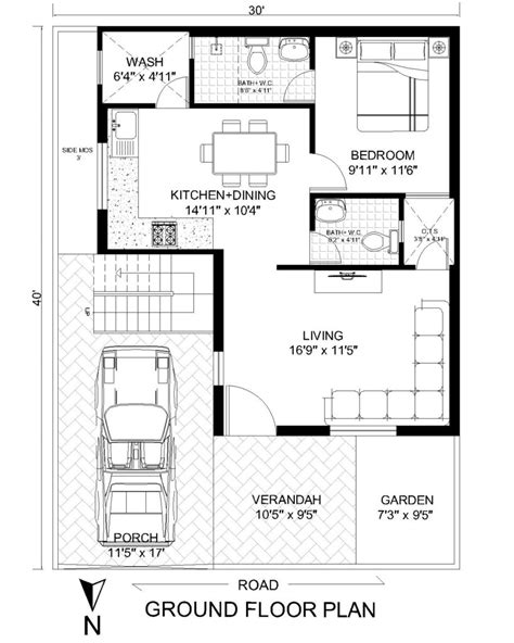 30 x 40 North Facing House Floor Plan - Architego