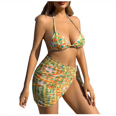 Usnsm Three Piece Swimsuit For Women Print Bikini Set With Wrap Swim