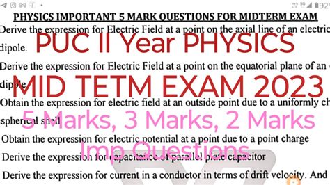 Puc Ii Year Phy Imp Questions Marks Marks Marks For Mid Term