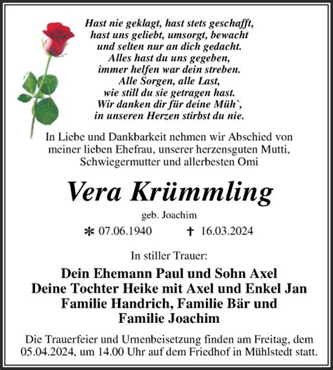 Traueranzeigen von Vera Krümmling abschied nehmen de