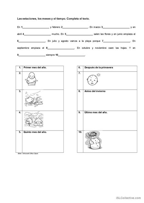 El Tiempo Los Meses Las Estaciones Espa Ol Ele Hojas De Trabajo Pdf