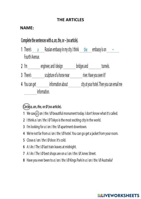 THE ARTICLE: A/AN/THE/X | Live Worksheets