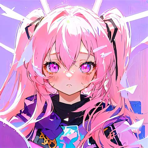 Anime girl with pink hair and purple eyes and a black top - SeaArt AI