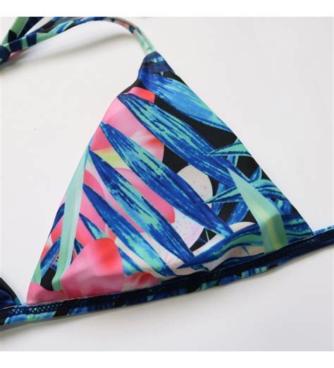 Women Padded Plant Printing Bikini Set Halter Swimsuit Reversible Bathing Suit Blue C2184GM8DQG