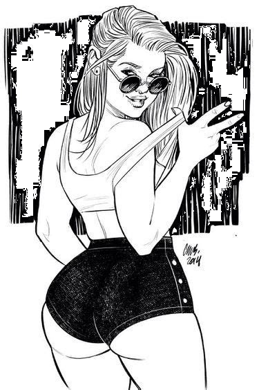 A Black And White Drawing Of A Woman In High Waisted Shorts Pointing At