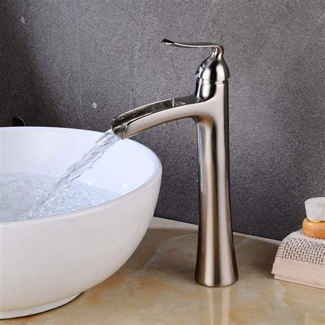 Wovier Brushed Nickel Waterfall Bathroom Sink Faucet Single Handle Single Hole Vessel Lavatory