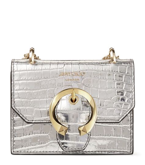 Jimmy Choo Silver Mini Metallic Croc Embossed Leather Paris Cross Body