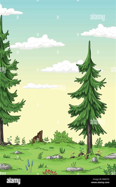 Cartoon Summer Landscape With Trees Hand Draw Illustration Stock