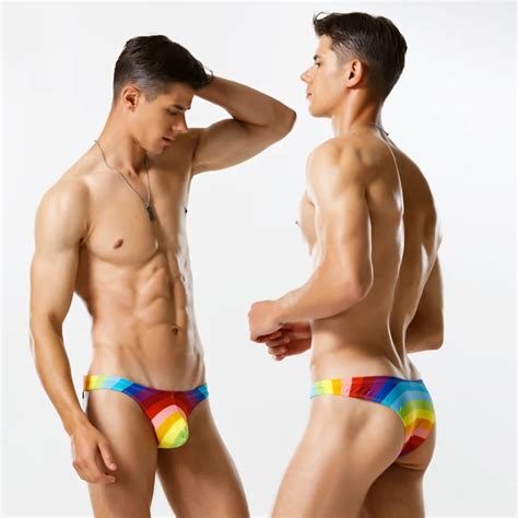WL454 New Sexy Rainbow Man Beach Swimsuits Gay Men Thong Swimwear Hot Low Waist Tight Men Png