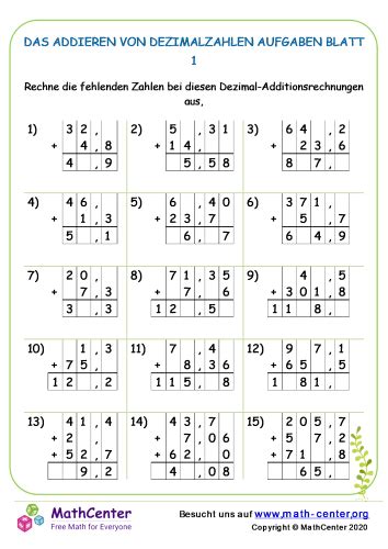 Das Addieren Von Dezimalzahlen Aufgaben Blatt 1 Arbeitsblätter Math