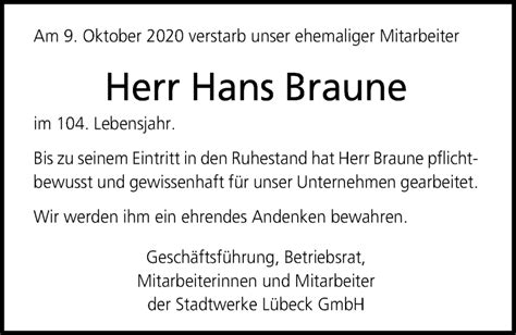 Traueranzeigen Von Hans Braune Trauer Anzeigen De