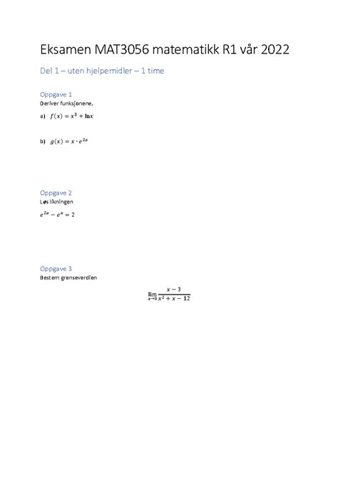 NDLA V22 Eksamen MAT 3056 matematikk R1 vår 2022 Del 1 uten