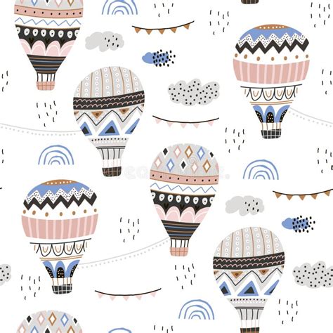 Seamless Hand Drawn Pattern With Hot Air Balloons Clouds Trendy Modern Texture For Fabric