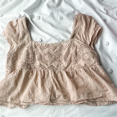 Boutique Nude Babydoll Cream Cinched Top Embroidered Depop