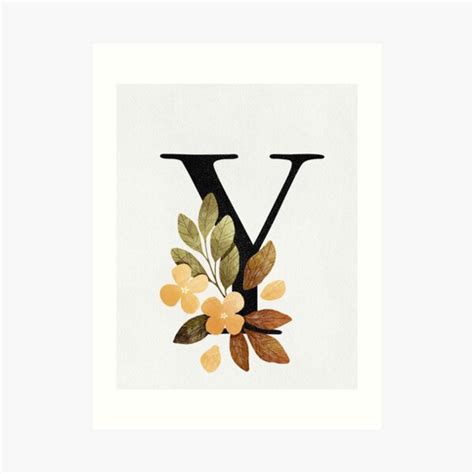 Letter Y With Flowers And Leaves Drawn With Pencil And Watercolor