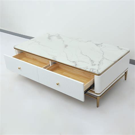 Bline Mm White Faux Marble Rectangle Coffee Table In Gold With