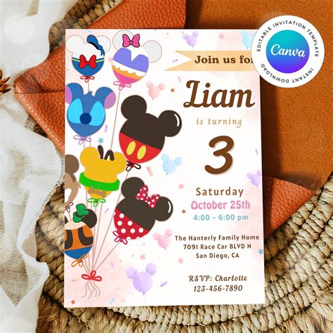 Editable Disneyland Birthday Girl Invitation Mickey Balloon Invitation